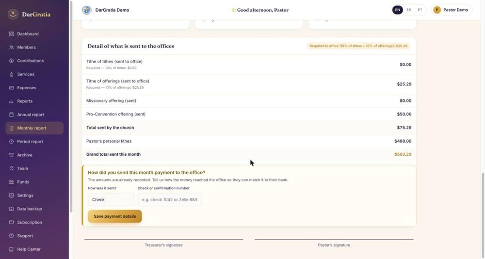Church finance software showing a monthly remittance report with required and sent amounts