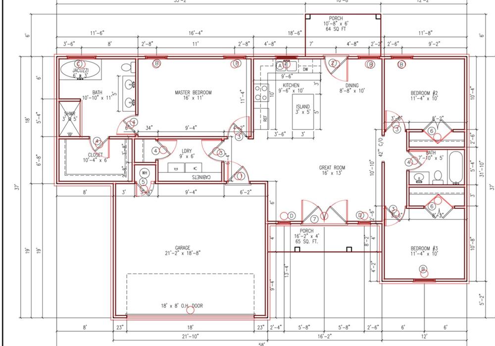 Generated CAD geometry in red overlaid on the original architectural drawing to verify accuracy
