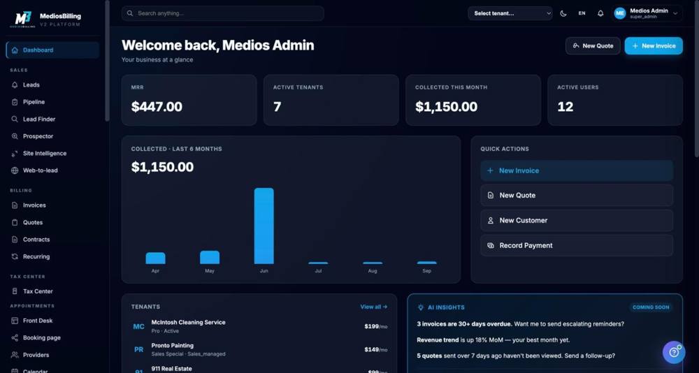 Multi-tenant billing and CRM platform dashboard